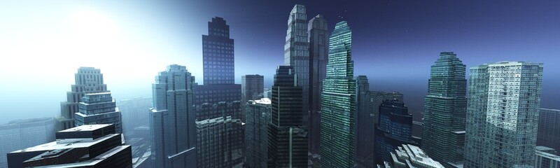 Cityscape panorama, modern city with skyscrapers in the rays of the setting sun, 3D rendering