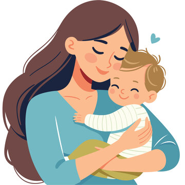 Young mother hugs her baby with love and affection vector illustrations on white background