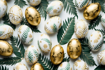 Fototapeta na wymiar photo of exotic leaves decorated Easter eggs pattern flat lay white and gold and green colors, modern