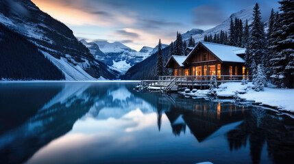 Stunning blue hour shot of a boat house on a crystal clear winter morning at Lake Louise, Alberta, Canada - obrazy, fototapety, plakaty