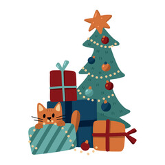 Vector hand drawn cartoon illustration of cute christmas tree with gifts and cat