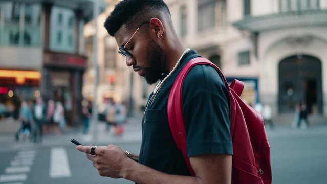 Male technology user checking his banking app to manage his finances or to transfer money securely with mobile phone. Man tourist use navigation app to find best route to his next destination in city