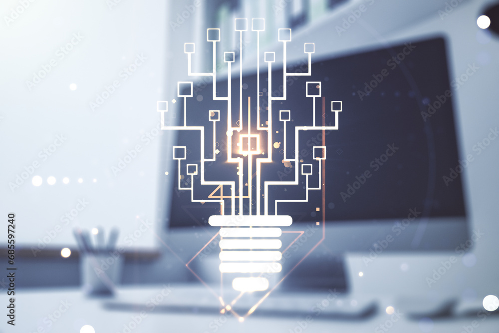 Poster double exposure of creative light bulb hologram with chip and modern desktop with laptop on backgrou
