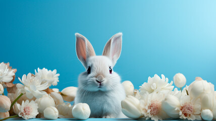 Una escena encantadora y caprichosa con una sola oreja de conejo blanco colocada delicadamente sobre un fondo azul pastel, que evoca el espíritu juguetón y encantador del día de Pascua.