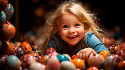 Fototapeta na wymiar Una escena encantadora y alegre en la que un niño sostiene en sus brazos un montón de huevos de Pascua de vivos colores.