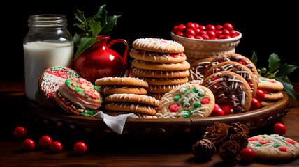 Una escena festiva y conmovedora con un bonito surtido de galletas navideñas dispuestas en una mesa de temática festiva. - obrazy, fototapety, plakaty