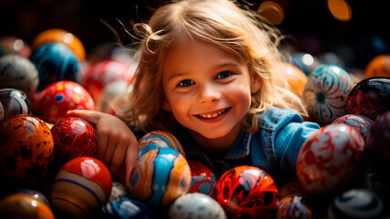 Fototapeta na wymiar Una escena encantadora y alegre en la que un niño sostiene en sus brazos un montón de huevos de Pascua de vivos colores.