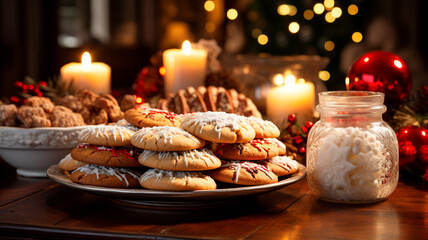 Una escena festiva y conmovedora con un bonito surtido de galletas navideñas dispuestas en una mesa de temática festiva.