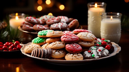 Una escena festiva y conmovedora con un bonito surtido de galletas navideñas dispuestas en una mesa de temática festiva. - obrazy, fototapety, plakaty