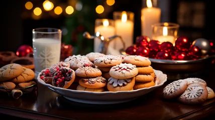 Fotobehang Una escena festiva y conmovedora con un bonito surtido de galletas navideñas dispuestas en una mesa de temática festiva. © Eva