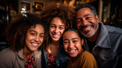 Una escena conmovedora y alegre que capta a una familia sonriente tomándose un selfie juntos en casa. La composición transmite la felicidad y la unión de la familia, con miembros de distintas generaci - obrazy, fototapety, plakaty