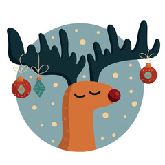 Vector hand drawn cartoon illustration of cute christmas deer