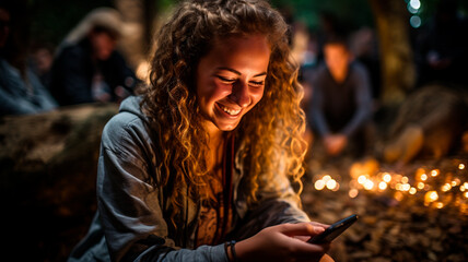 Fotografía que capta a un grupo diverso de jóvenes reunidos al aire libre, absortos en sus dispositivos de telefonía móvil.