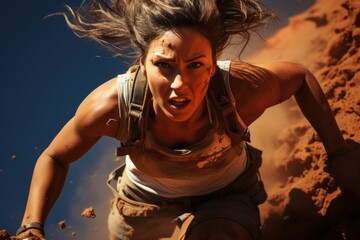 Female runner conquering the desert trail sand in her wake, runner image