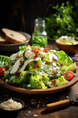 Ceaser Salad surrounded by its ingredients on wooden table . - 685597801