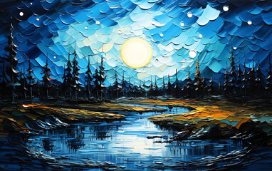 Ölbild mit Landschaft und Mond