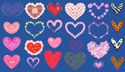 Vector set of various hearts: hand-drawn, handmade, gold, made of pearls, flowers, butterflies, stars, drawn with jam, cream, lipstick, and animal skin patterns.
