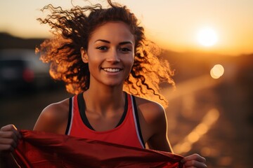 Details of runner bib illuminated by the sunset warm glow, runner image