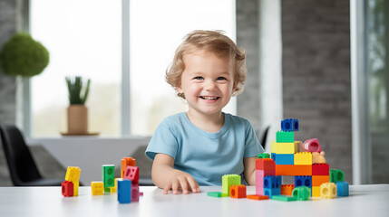 The kid plays with blocks.