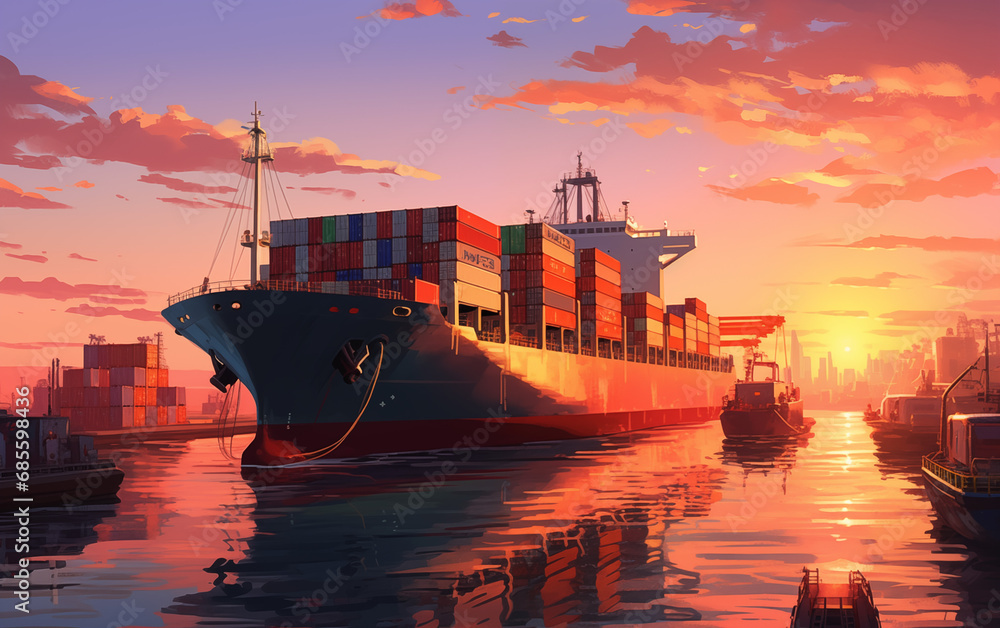 Poster A large tanker with containers leaves the port into the ocean. Container ship getting to port. Cargo, transportation, supply, logistics and economy idea. AI generative.