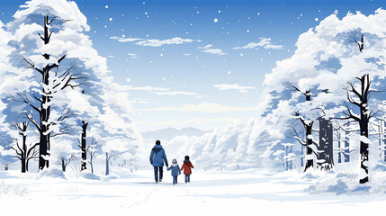 冬の雪道を歩く親子 - obrazy, fototapety, plakaty