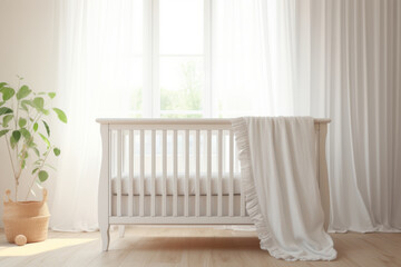 Fototapeta na wymiar White crib with blanket standing in cute baby room. Generative AI