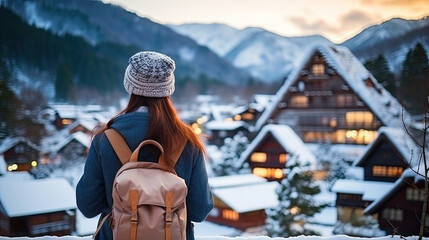 Young woman traveler looking at the beautiful UNESCO heritage village in the snow in winter at Shirakawa-go, Japan in twilight time - obrazy, fototapety, plakaty