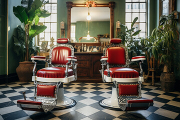 Barbershop with vintage barber chairs and classic decor. Stylish hairdressing salon interior. Generative AI