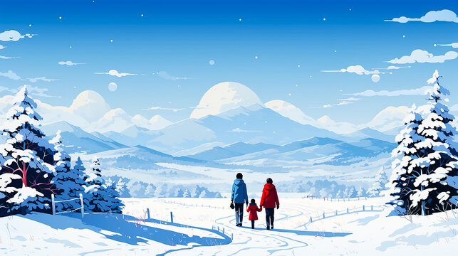 冬の雪道を歩く親子