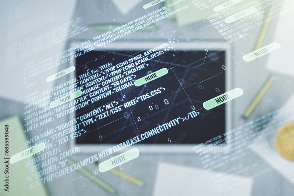 Leinwandbilder multi exposure of abstract programming language hologram and modern digital tablet on background, ar