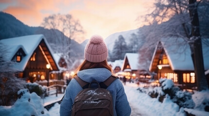 Fototapeta na wymiar Young woman traveler looking at the beautiful UNESCO heritage village in the snow in winter at Shirakawa-go, Japan in twilight time
