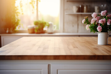 Empty wooden table in front of the blurred background of kitchen interior. Generative AI