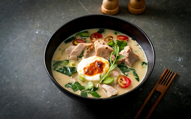 Capture the essence of Tom Kha Gai in a mouthwatering food photography shot Generative AI