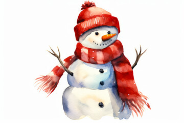 Watercolor painting of snowman wearing red hat and scarf.