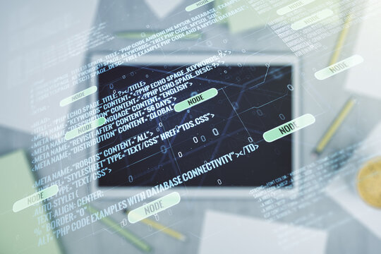 Multi exposure of abstract programming language hologram and modern digital tablet on background, artificial intelligence and machine learning concept