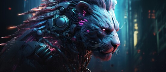 cyberpunk style cyborg robot lion head background wallpaper ai generated image - obrazy, fototapety, plakaty