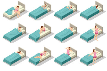 Set of different Women Sleeping Poses, sleeping and dreaming in beds. Bedtime concept.