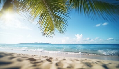 Sunny tropical Caribbean beach with palm trees and turquoise water, island vacation in summer
