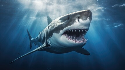 Fototapeta premium Ocean shark bottom view from below. Open toothy dangerous mouth with many teeth. Underwater blue sea waves clear water shark swims forward