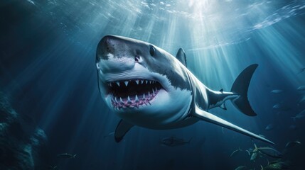 Ocean shark bottom view from below. Open toothy dangerous mouth with many teeth. Underwater blue sea waves clear water shark swims forward