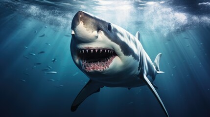 Naklejka premium Ocean shark bottom view from below. Open toothy dangerous mouth with many teeth. Underwater blue sea waves clear water shark swims forward