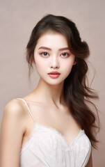 Beautiful young asian woman with clean fresh skin on beige background, Face care, Facial treatment, Cosmetology, beauty and spa, Asian women portrait.