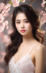 Fototapeta premium Beautiful young asian woman with clean fresh skin on beige background, Face care, Facial treatment, Cosmetology, beauty and spa, Asian women portrait.