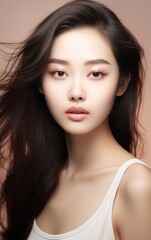 Naklejka premium Beautiful young asian woman with clean fresh skin on beige background, Face care, Facial treatment, Cosmetology, beauty and spa, Asian women portrait.