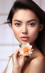 Obraz na płótnie Canvas Beautiful young asian woman with clean fresh skin on beige background, Face care, Facial treatment, Cosmetology, beauty and spa, Asian women portrait.