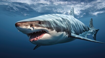 Fototapeta premium Ocean shark bottom view from below. Open toothy dangerous mouth with many teeth. Underwater blue sea waves clear water shark swims forward