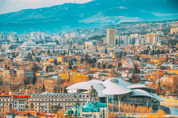 Tbilisi, Georgia. Top View Of Famous Landmark Justice House. Georgian Capital Skyline Cityscape. Justice House. . Tbilisi, Georgia.