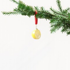 Closeup Lemon slice Fruit Ornament Christmas decoration hanging on Christmas tree on white background. 3D Rendering Christmas concept idea.
