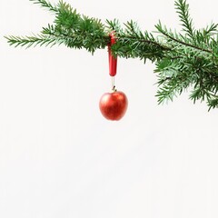 Closeup Red apple Fruit Ornament Christmas decoration hanging on Christmas tree on blue background. 3D Rendering Christmas concept idea. - 685600820