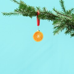 Closeup Orange Fruit slice Ornament Christmas decoration hanging on Christmas tree on white background. 3D Rendering Christmas concept idea.
- 685600856